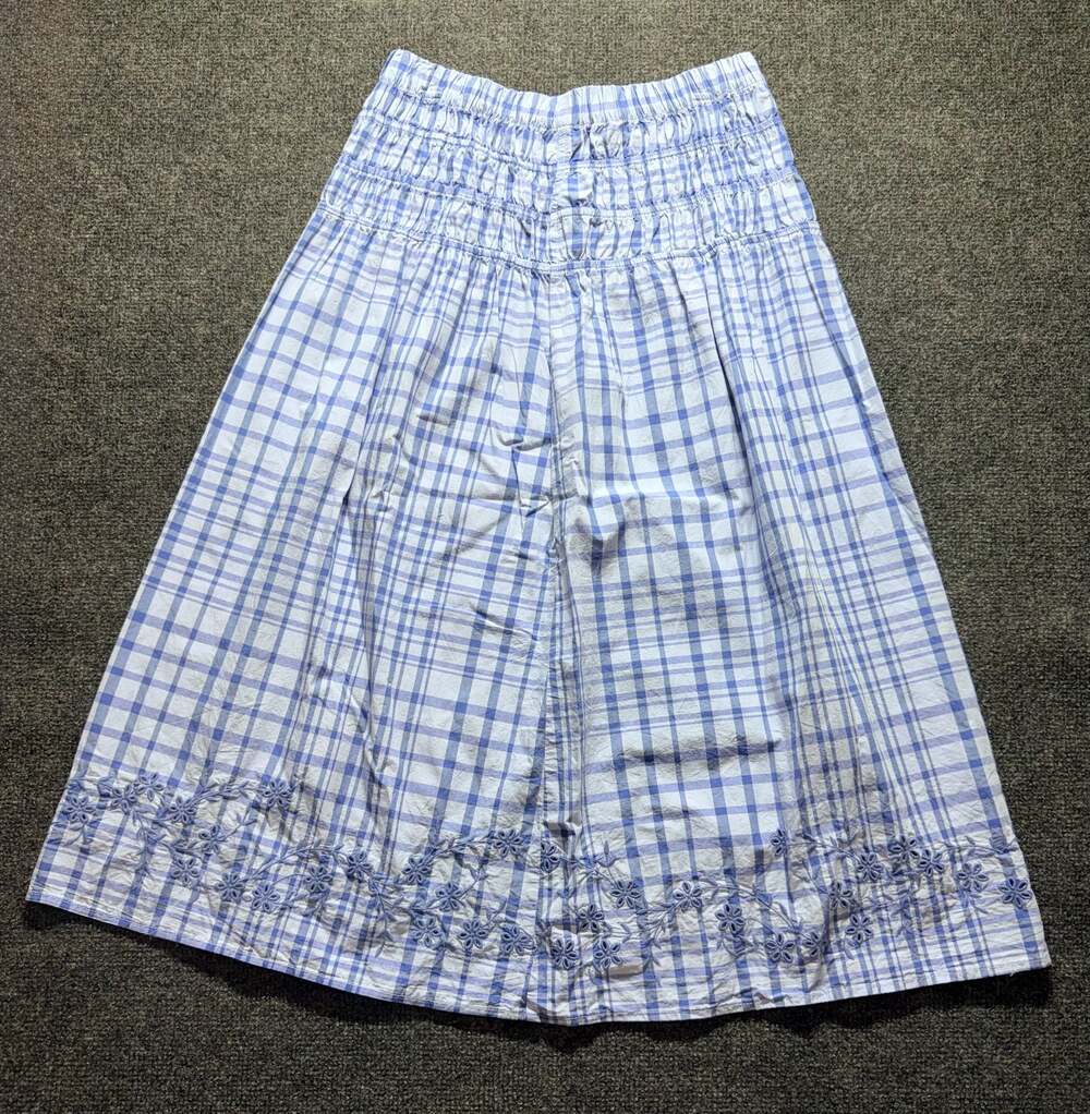Women's Blue Plaid Embroidered Cotton Maxi Skirt Smocked Waist, Size S (4-6)